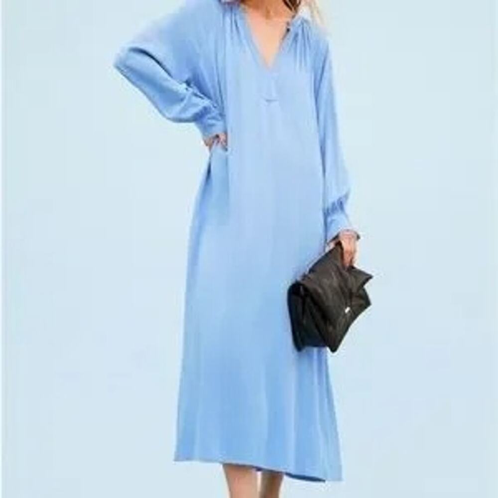H&M Solid Blue Long Sleeve Split Neck Maxi Dress Size XL